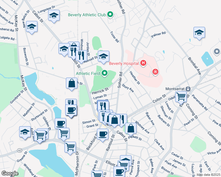 map of restaurants, bars, coffee shops, grocery stores, and more near 33 Herrick Street in Beverly