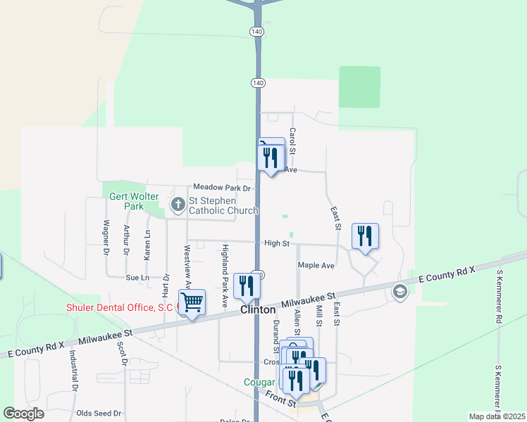 map of restaurants, bars, coffee shops, grocery stores, and more near 517 Church Street in Clinton