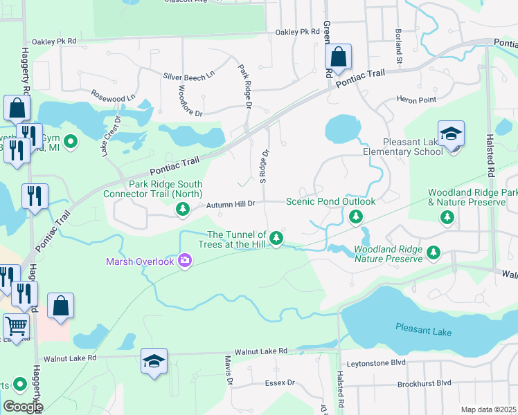 map of restaurants, bars, coffee shops, grocery stores, and more near 7175 Autumn Hill Drive in West Bloomfield Township