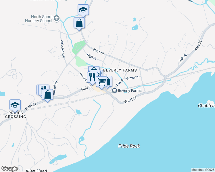 map of restaurants, bars, coffee shops, grocery stores, and more near 8 Vine Street in Beverly