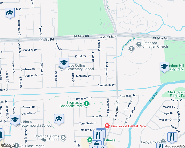 map of restaurants, bars, coffee shops, grocery stores, and more near 13347 Montego Drive in Sterling Heights