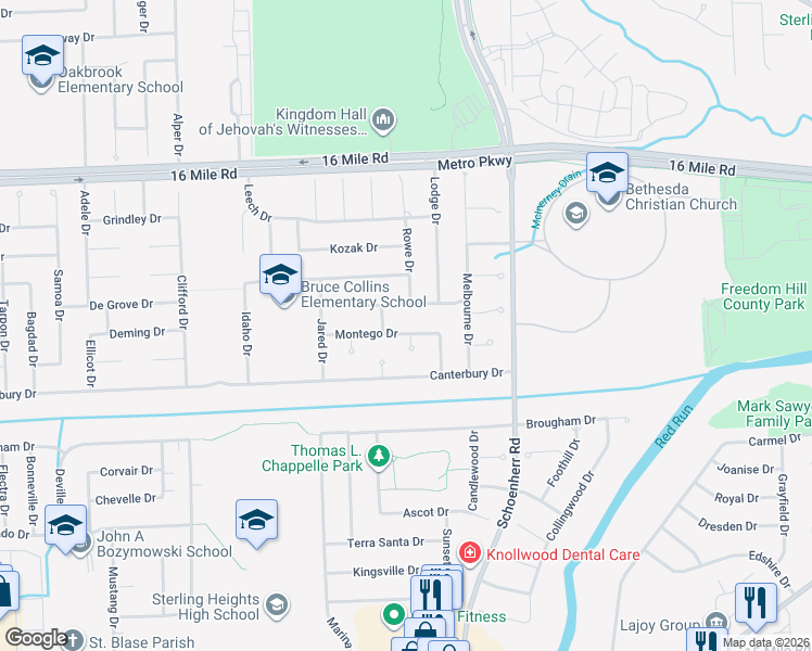 map of restaurants, bars, coffee shops, grocery stores, and more near 13516 Kurch Drive in Sterling Heights