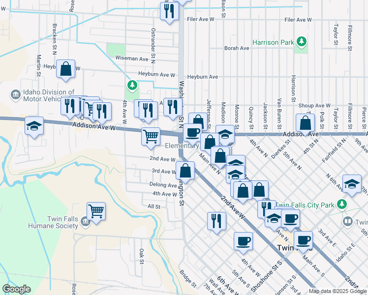 map of restaurants, bars, coffee shops, grocery stores, and more near 155 U.S. 30 in Twin Falls