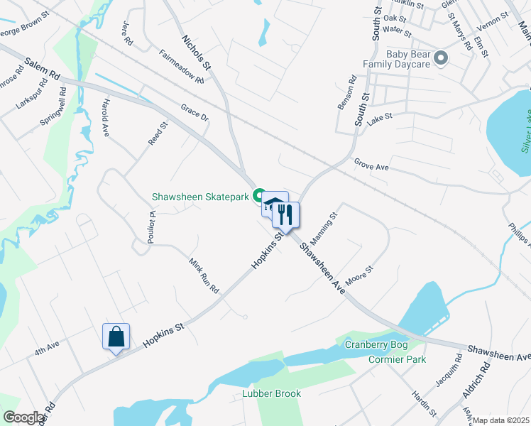 map of restaurants, bars, coffee shops, grocery stores, and more near 298 Shawsheen Avenue in Wilmington