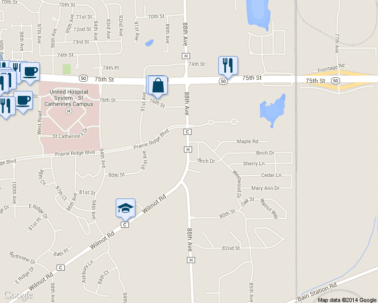 map of restaurants, bars, coffee shops, grocery stores, and more near 7801 88th Avenue in Pleasant Prairie