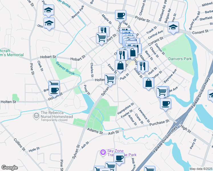 map of restaurants, bars, coffee shops, grocery stores, and more near 1 Sylvan Street in Danvers