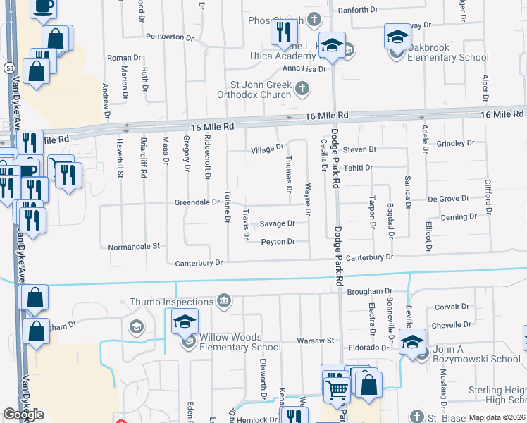 map of restaurants, bars, coffee shops, grocery stores, and more near 11348 Greendale Drive in Sterling Heights