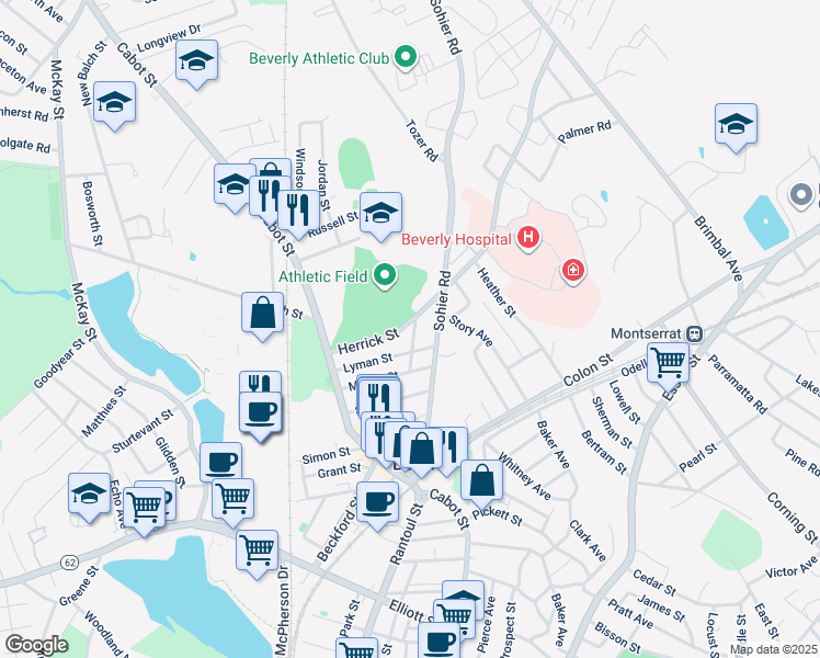 map of restaurants, bars, coffee shops, grocery stores, and more near 33 Herrick Street in Beverly