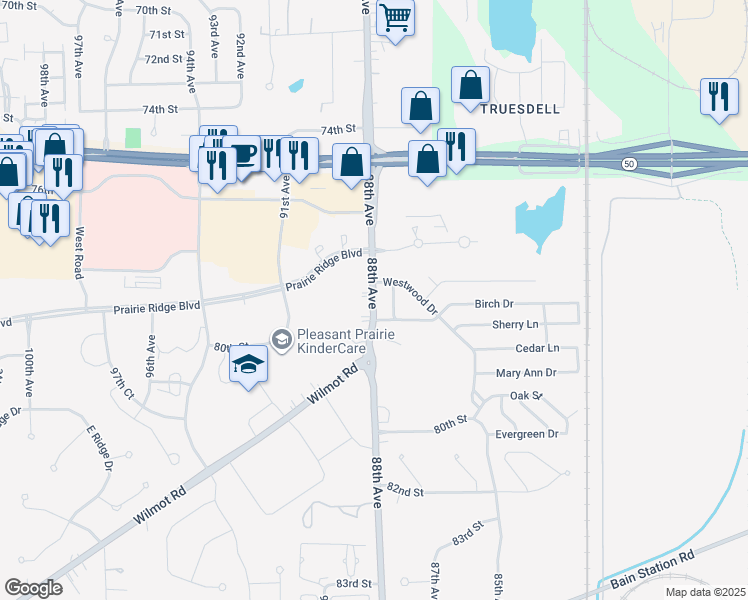map of restaurants, bars, coffee shops, grocery stores, and more near 7801 88th Avenue in Pleasant Prairie