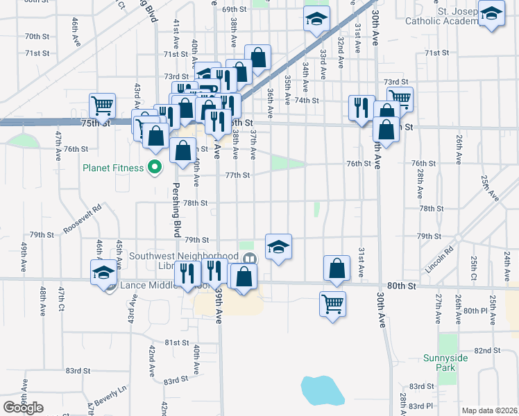map of restaurants, bars, coffee shops, grocery stores, and more near 3601 78th Street in Kenosha