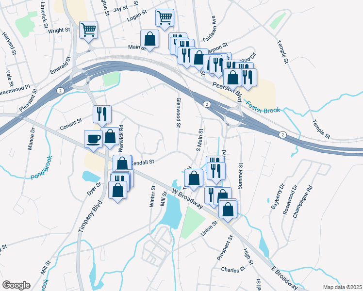 map of restaurants, bars, coffee shops, grocery stores, and more near 115 Glenwood Street in Gardner