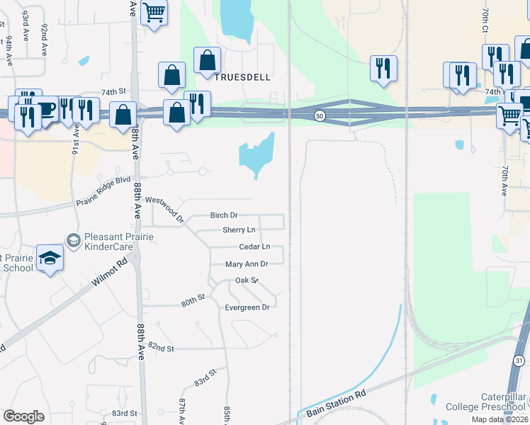 map of restaurants, bars, coffee shops, grocery stores, and more near Birch Drive in Pleasant Prairie