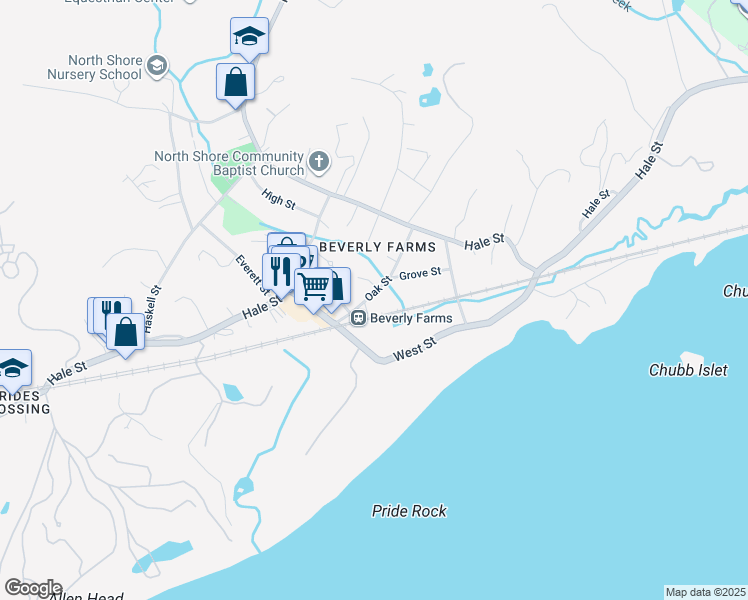 map of restaurants, bars, coffee shops, grocery stores, and more near 23 Oak Street in Beverly