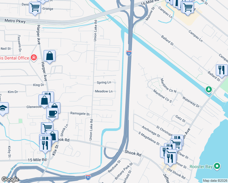 map of restaurants, bars, coffee shops, grocery stores, and more near 24662 Meadow Ln in Harrison Township