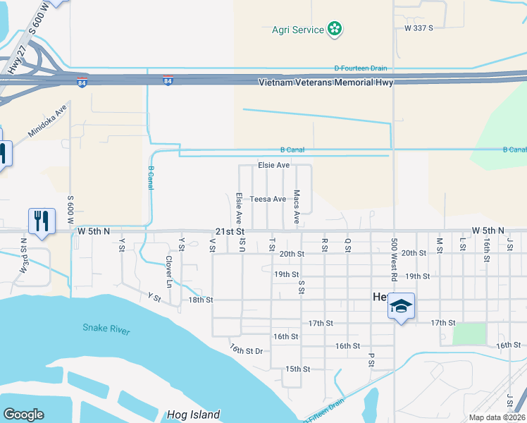 map of restaurants, bars, coffee shops, grocery stores, and more near 2155 Mona Avenue in Heyburn