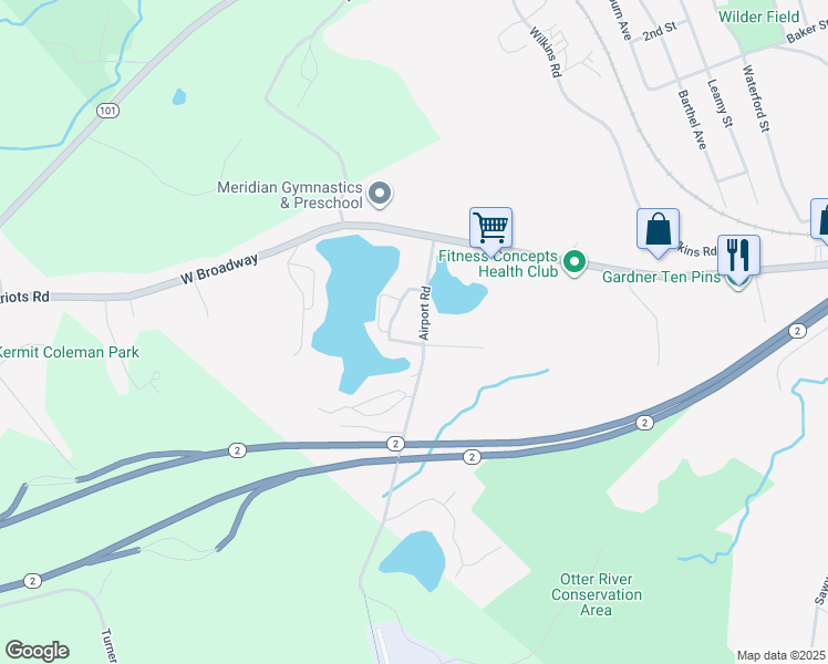 map of restaurants, bars, coffee shops, grocery stores, and more near 81 Airport Rd in Gardner