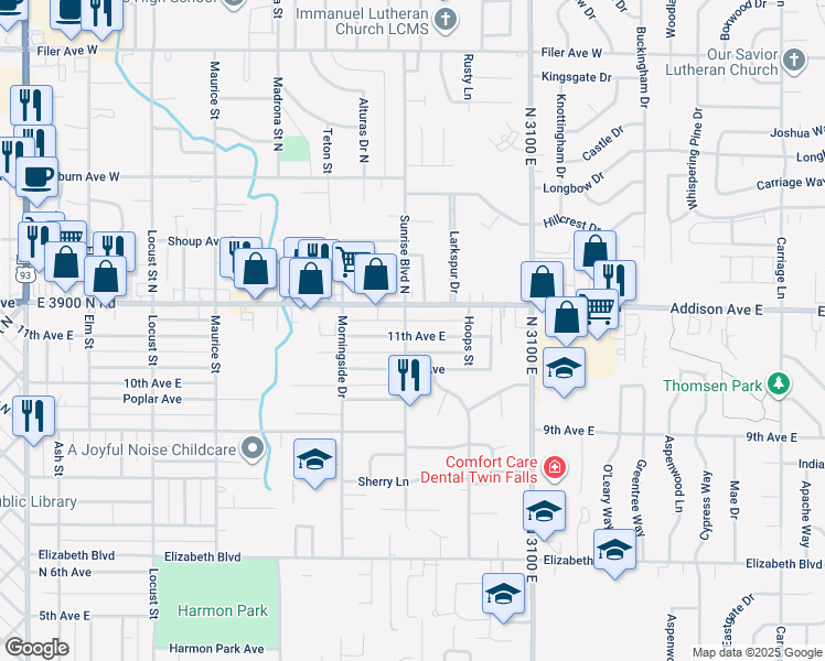 map of restaurants, bars, coffee shops, grocery stores, and more near 2005 11th Avenue East in Twin Falls