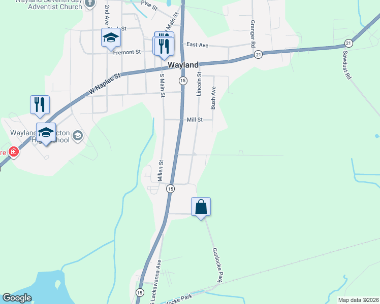 map of restaurants, bars, coffee shops, grocery stores, and more near 223 Lincoln Street in Wayland