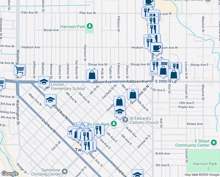 map of restaurants, bars, coffee shops, grocery stores, and more near 303 8th Avenue North in Twin Falls
