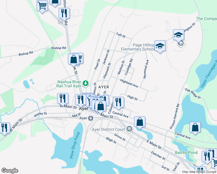 map of restaurants, bars, coffee shops, grocery stores, and more near 10 Nashua Street in Ayer