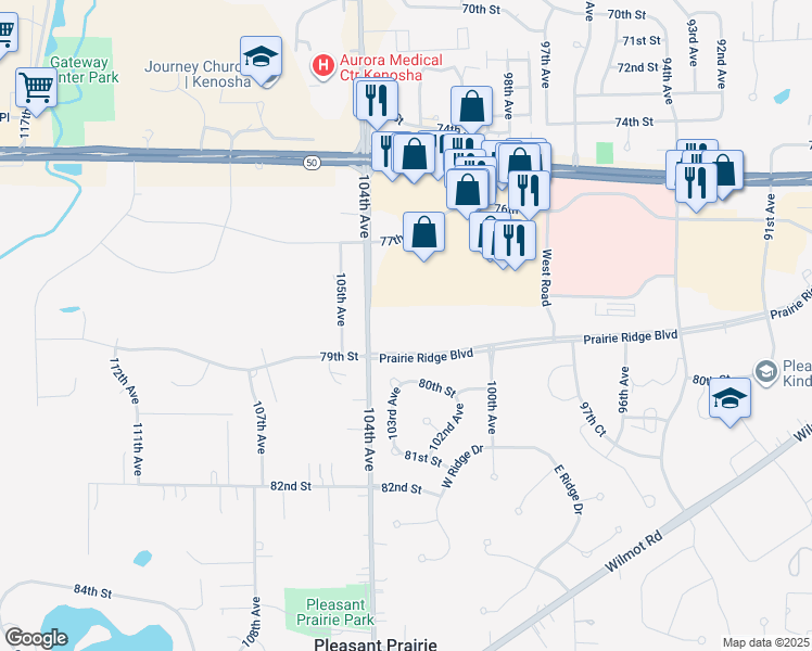 map of restaurants, bars, coffee shops, grocery stores, and more near 10220 Prairie Ridge Boulevard in Pleasant Prairie