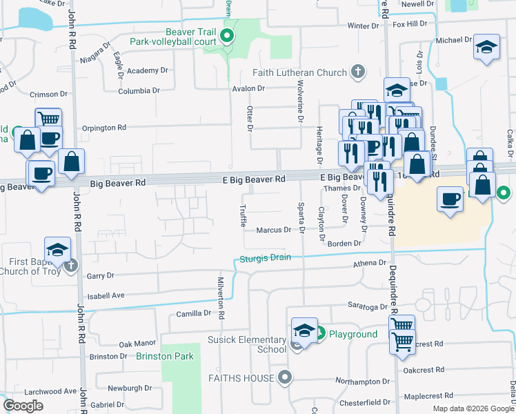 map of restaurants, bars, coffee shops, grocery stores, and more near 2579 Parasol Drive in Troy