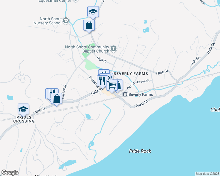 map of restaurants, bars, coffee shops, grocery stores, and more near 24 West Street in Beverly
