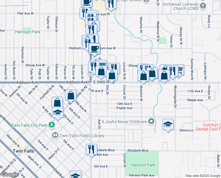 map of restaurants, bars, coffee shops, grocery stores, and more near 1315 11th Avenue East in Twin Falls