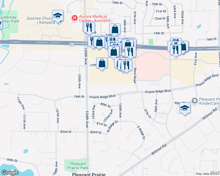 map of restaurants, bars, coffee shops, grocery stores, and more near 10220 Prairie Ridge Boulevard in Pleasant Prairie