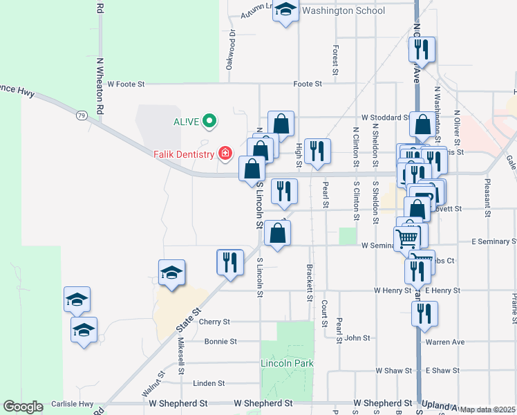 map of restaurants, bars, coffee shops, grocery stores, and more near 124 South Lincoln Street in Charlotte