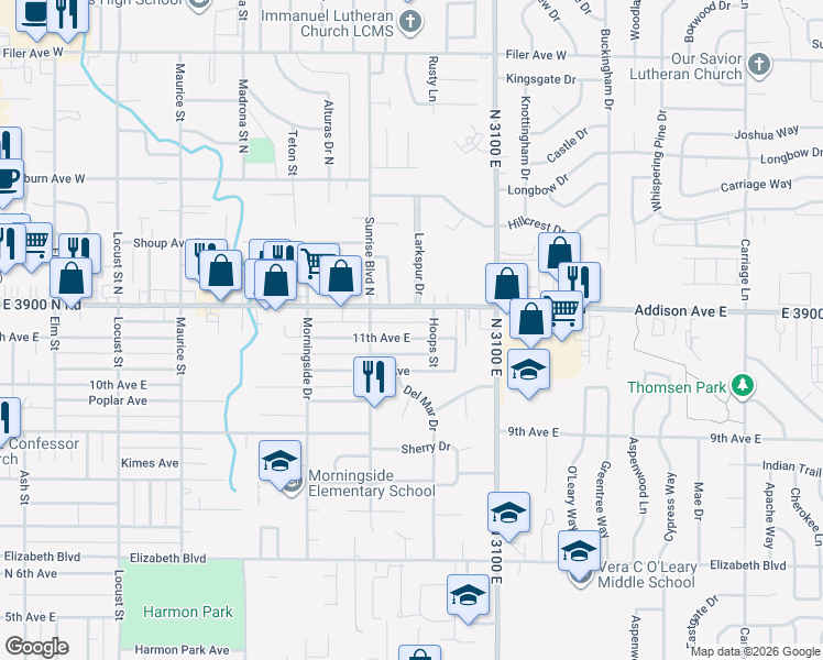 map of restaurants, bars, coffee shops, grocery stores, and more near 2061 11th Ave E in Twin Falls