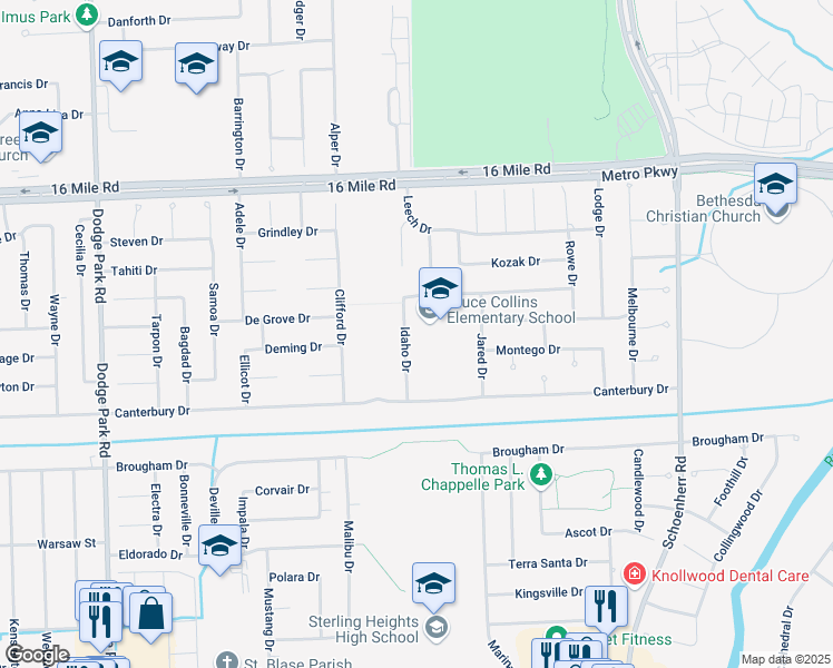 map of restaurants, bars, coffee shops, grocery stores, and more near 36432 Idaho Drive in Sterling Heights
