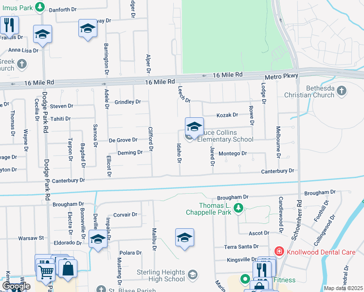 map of restaurants, bars, coffee shops, grocery stores, and more near 36432 Idaho Drive in Sterling Heights