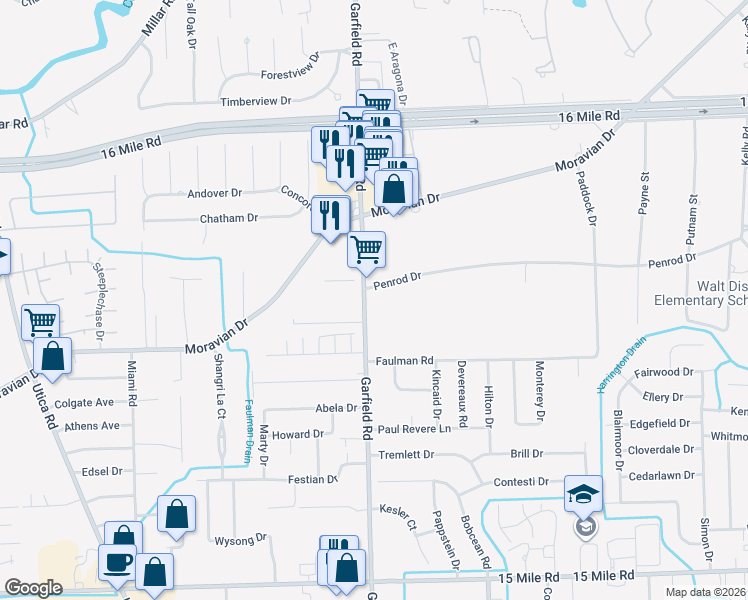 map of restaurants, bars, coffee shops, grocery stores, and more near 36232 Garfield Road in Clinton Township