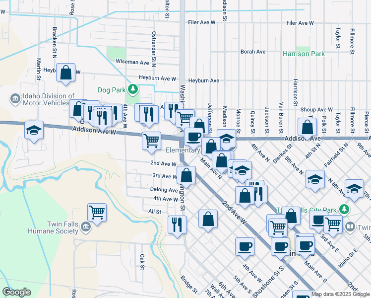 map of restaurants, bars, coffee shops, grocery stores, and more near 843 Main Avenue West in Twin Falls
