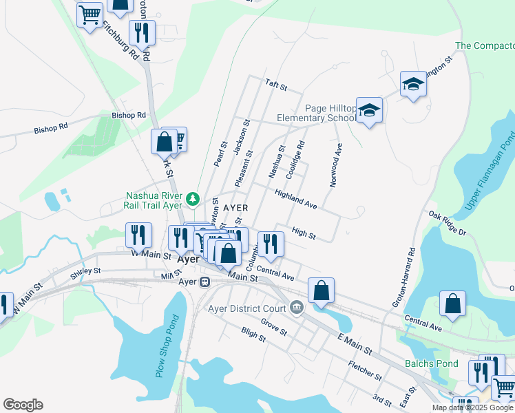 map of restaurants, bars, coffee shops, grocery stores, and more near 10 Nashua St in Ayer
