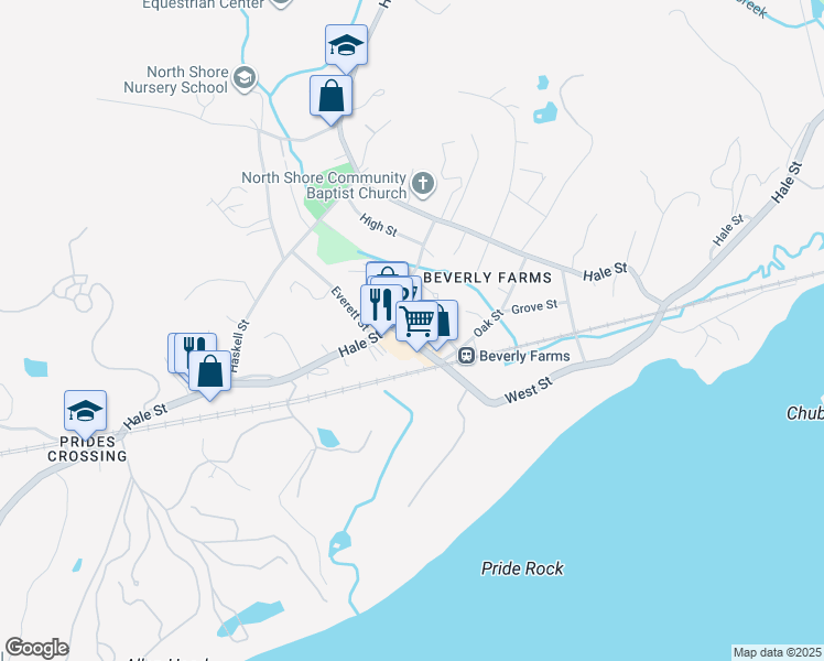 map of restaurants, bars, coffee shops, grocery stores, and more near 24 West Street in Beverly