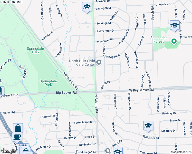 map of restaurants, bars, coffee shops, grocery stores, and more near 3124 North Adams Road in Bloomfield Township