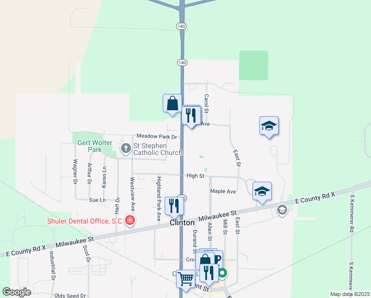 map of restaurants, bars, coffee shops, grocery stores, and more near 517 Church Street in Clinton