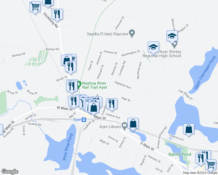 map of restaurants, bars, coffee shops, grocery stores, and more near 10 Nashua Street in Ayer