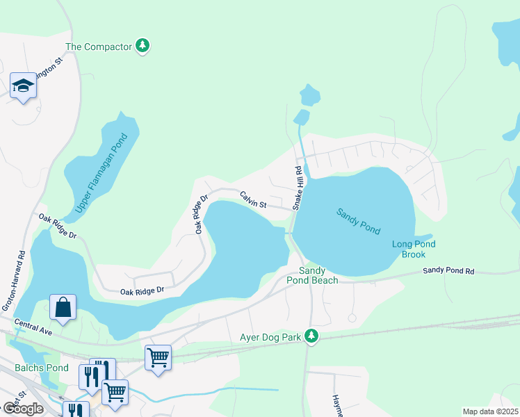 map of restaurants, bars, coffee shops, grocery stores, and more near 12 Calvin Street in Ayer