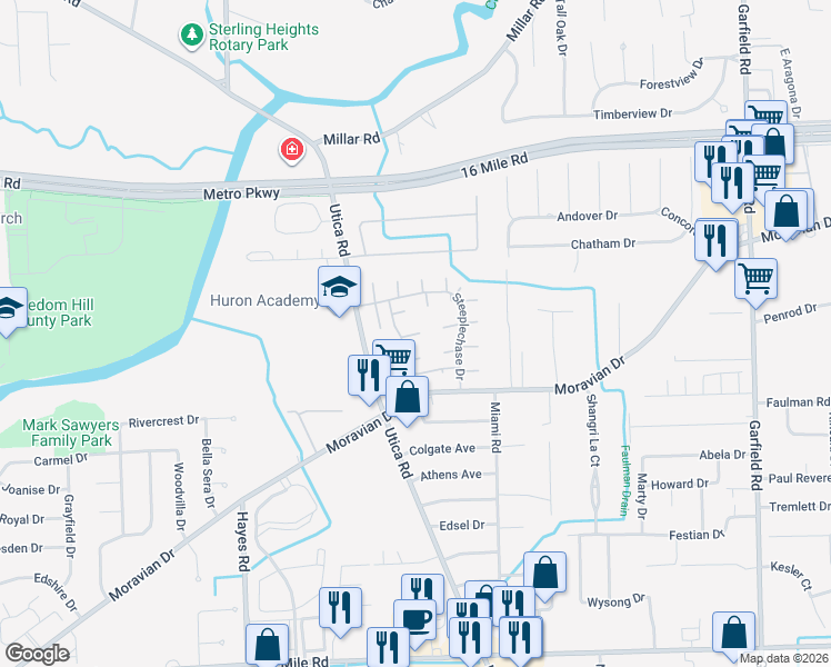 map of restaurants, bars, coffee shops, grocery stores, and more near 15771 Montego Bay Court in Clinton Township