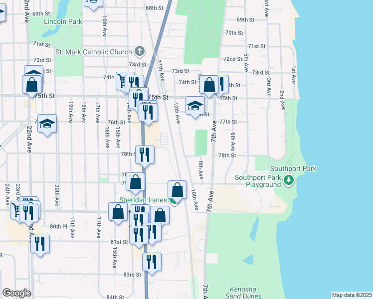 map of restaurants, bars, coffee shops, grocery stores, and more near 7737 10th Avenue in Kenosha