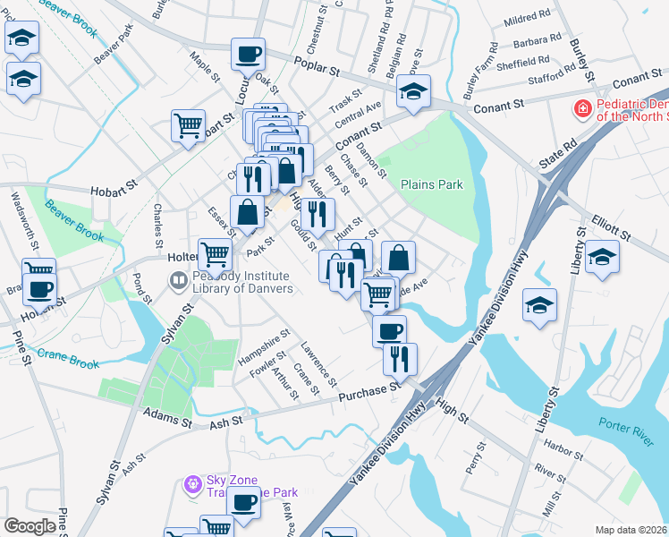 map of restaurants, bars, coffee shops, grocery stores, and more near 61 High St in Danvers