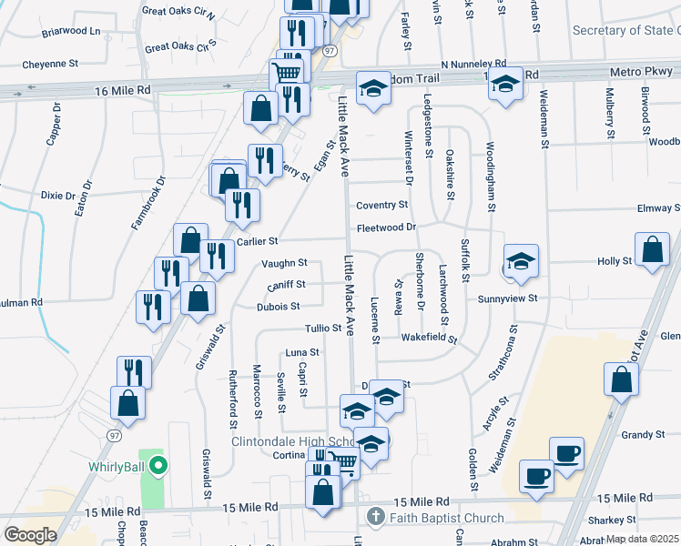 map of restaurants, bars, coffee shops, grocery stores, and more near 36043 Little Mack Avenue in Macomb County