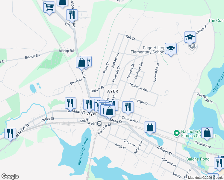 map of restaurants, bars, coffee shops, grocery stores, and more near 43 Pleasant Street in Ayer