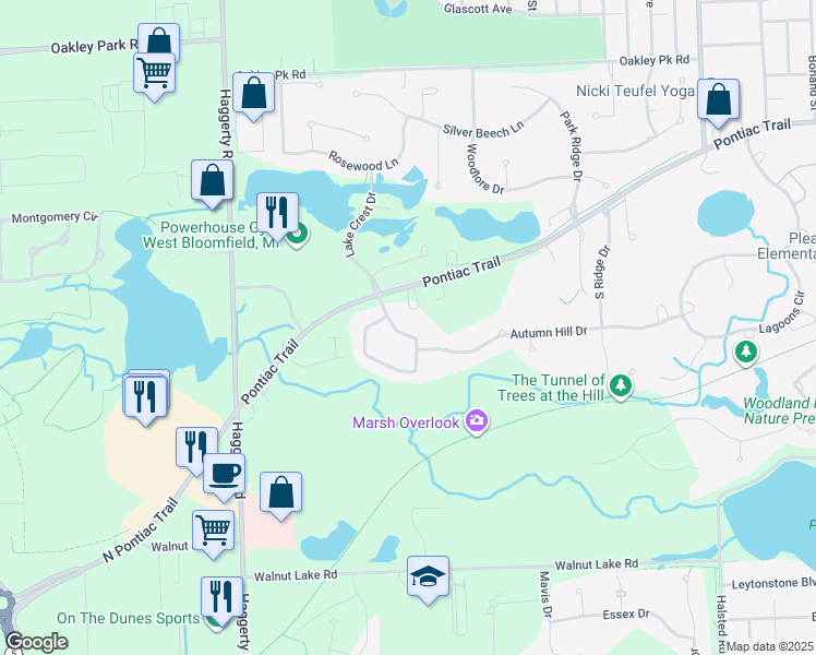 map of restaurants, bars, coffee shops, grocery stores, and more near 7565 Windgate Circle in West Bloomfield Township