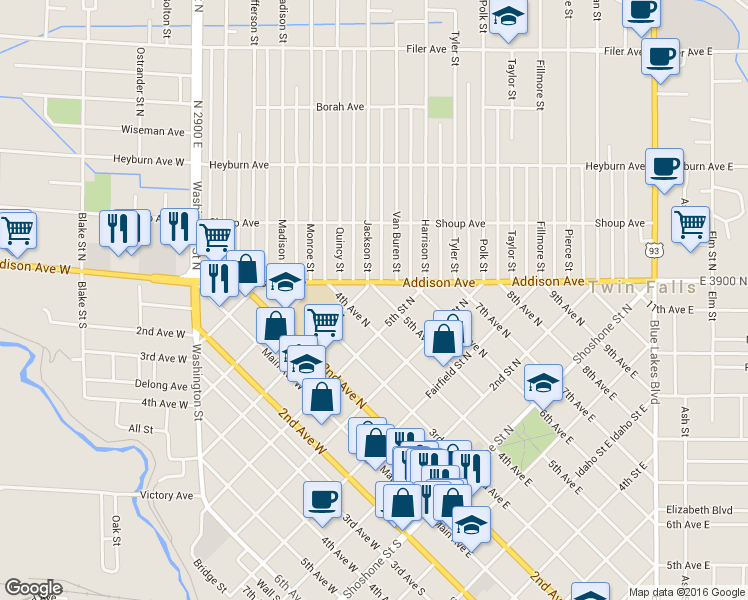 map of restaurants, bars, coffee shops, grocery stores, and more near 543 5th Ave N in Twin Falls