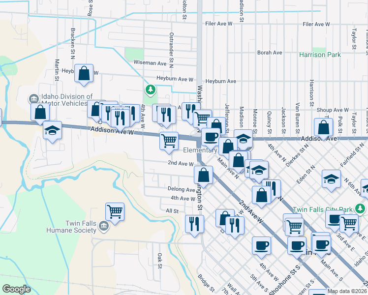 map of restaurants, bars, coffee shops, grocery stores, and more near 156 Austin Avenue in Twin Falls