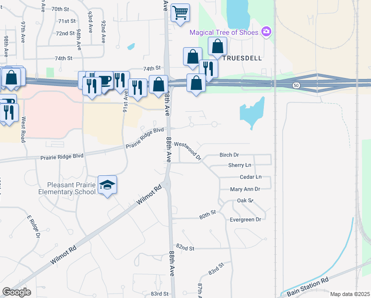 map of restaurants, bars, coffee shops, grocery stores, and more near 7801 88th Avenue in Pleasant Prairie